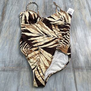 Speedo Cream and Dark Brown Tropical Print One-Piece Swimsuit NWT